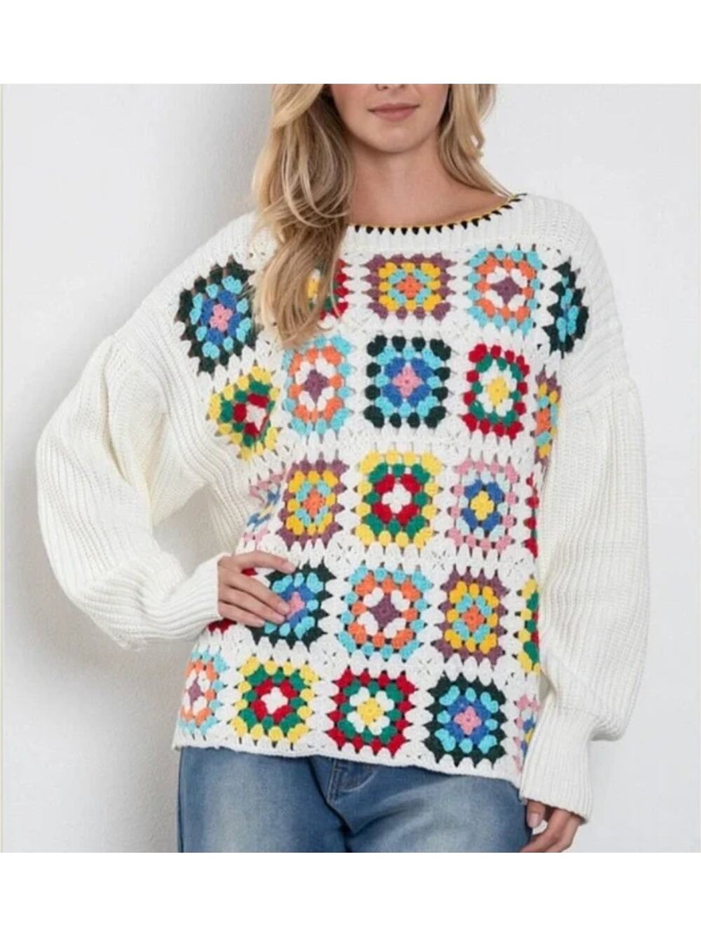 Blue Velvet Brianna Granny Square Knit Long Sleeve Sweater White Multi Small NWT